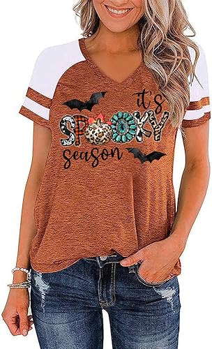 Women's Halloween Pumpkin Graphic Tee – V-Neck Raglan Short Sleeve Shirt For Fall & Spooky Season