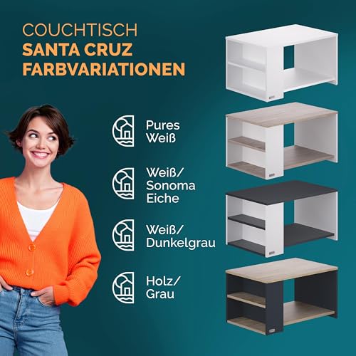 Casaria® Couchtisch Holz Weiß Eiche mit Stauraum 2 Fächer Wohnzimmertisch 90x60x50cm Kratzfest 50kg Belastbar Eckig Ablage Beistelltisch Sofa Couch