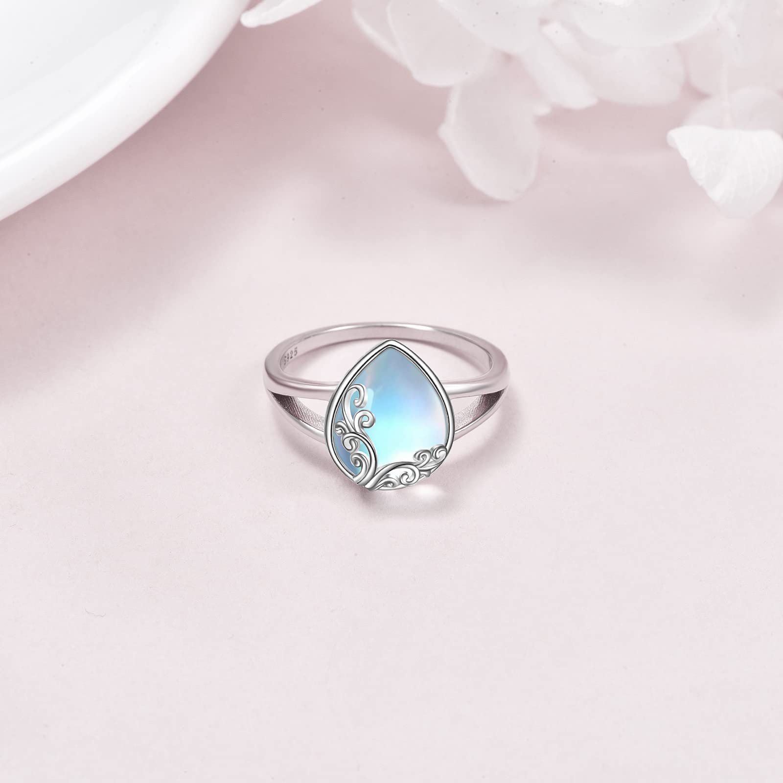 POPLYKE Regenbogen Mondstein Filigranband Ring Sterling Silber Edelstein Ring Schmuck Geschenk für Fr