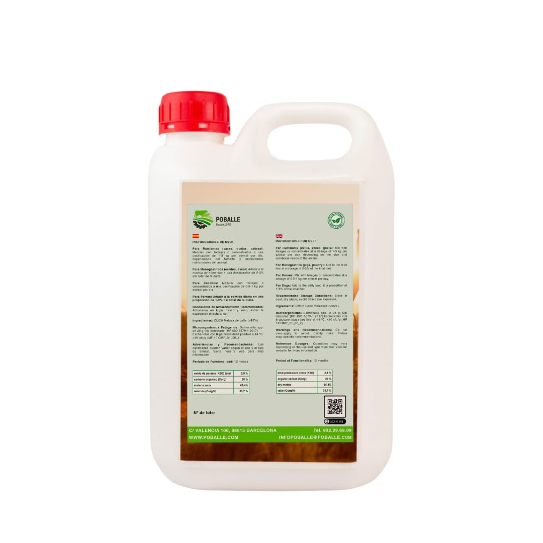 MELAZA POBALLE para Alimentación Animal – Vacas, Cabras, Ovejas y Caballos. Garrafa de 2,5 kg de MELAZA de Caña de Alta pureza.
