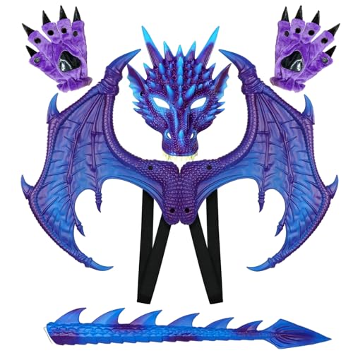 Yummiman Dragon Wings Tail Claw Mask Costume Set Halloween Masquerade Cosplay Costumes (Purple)