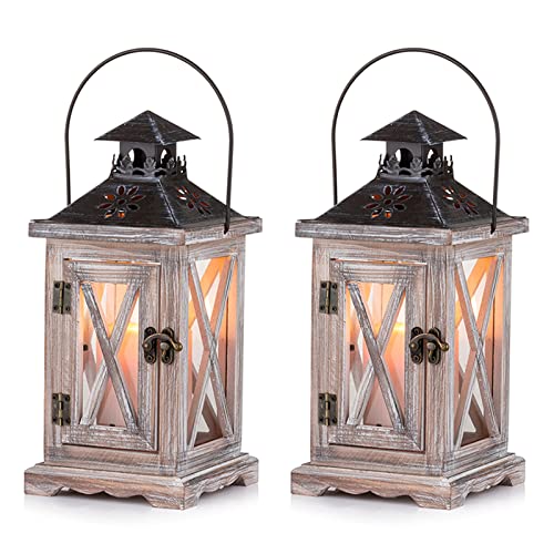 Sziqiqi Laterne Kerzenhalter Vintage Windlicht Laterne Holz Metall Dekorative Windlichthalter für Draußen Rustikale Hochzeit Herzstück Hängende Laterne Bauernhaus Innen Außenlaterne Dekor 28cm