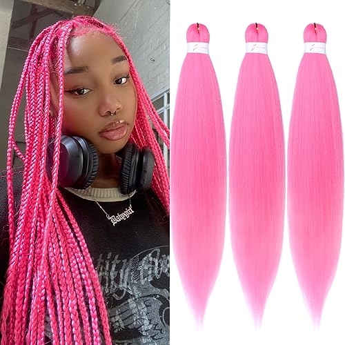 Leeven Pre-Stretched Braiding Hair 26 Inch Yaki Texture Pink Box Braids Extensions for Crochet Installation