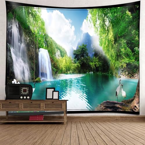 Tapisserie paysage montagne cascade grand format tissu lavable