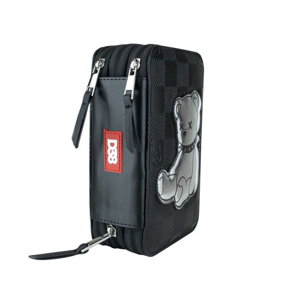 PRESTIGE & DELUXE Estuche escolar diseño 38 Bear plata negro 3 pisos completo de papelería cierre cremallera + regalo llavero lentejuelas y bolígrafo multicolor