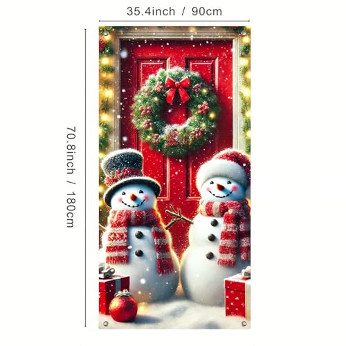 Image of BlissYard Door Cover Snowman Pair Pine Greenery 35x71 Inch Polyester | Door Banner, Wall Decor | Snowman Pair Accent, Pine Greenery Backdrop | Porch, Hallway, Party (Winter Art)