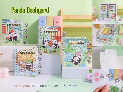 Image of Korean Stationery Mini Transparent 3-Hole Binder Spiral Diary Notebook - Cute Kawaii Portable Journal Notebook Agenda for Girls & Students (80+ Pages) (panda backyard c)