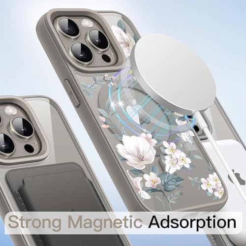 Image of VONZEE Compatible with iPhone 15 Pro Max Case Luxury Retro Flowers Floral Clear for Magnetic Wireless Charging Case Shockproof Case PC+TPU Cute Glossy Shiny Cover for Girls Women, 6.7'' Grey