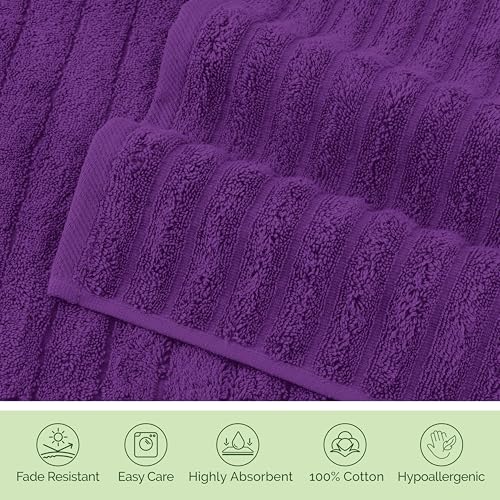 Image of Elegant Comfort Luxury 100% Turkish Cotton Corduroy Ribbed 4 Pack Hand Towel Set 16 x 28 Inch - Absorbent, Super Soft, Quick Dry, Premium Towels for Bathroom, Gym, Spa and Hotel Use, Purple