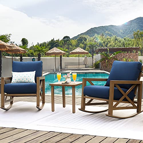 NATURAL EXPRESSIONS Sunbrella Rocking Bistro Set, 3 Piece Outdoor Patio Conversation Furniture Set with 6.5'' Thick Cushions Wood Grain Finish Frame for Backyard,Porch,Poolside