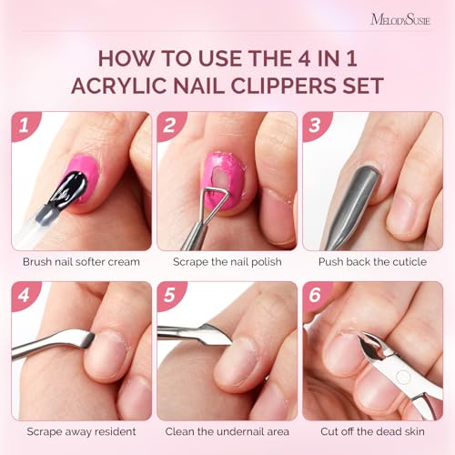 Image of Melodysusie 4 in 1 Acrylic Nail Clippers Set, Adjustable Stainless Steel Nail Clippers for Acrylic Nails Tips, with Cuticle Nipper Cuticle Pusher Remover for Home Salon, Light Pink