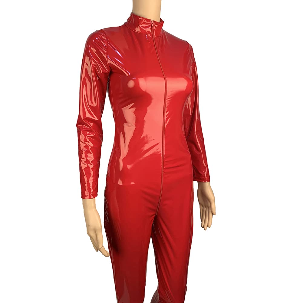 MediasCatsuit De Manga Larga De Cuero De Piel Sintética para Mujer, con Cremallera De Manga Larga Metálica, con Cremallera Mono De Una Pieza,Rojo,M