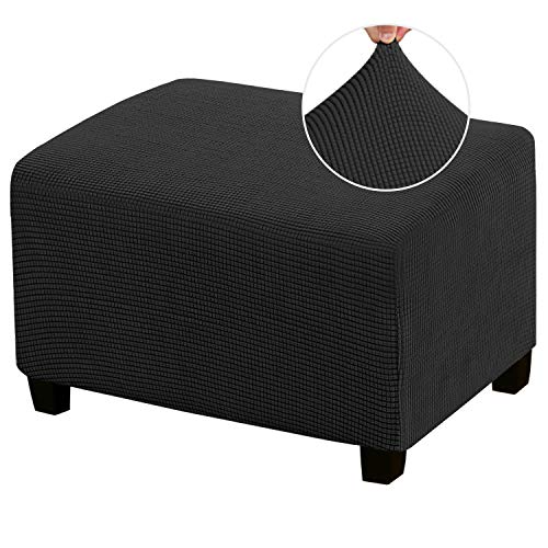 Stretch Ottoman Cover Ottoman Slipcovers Rectangle for Living Room Foot Stool Stretch Covers to Fit Ottoman Foot Rest, Thick Checked Jacquard Fabric with Elastic Bottom (Oversized Ottoman, Black)