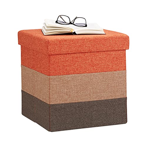 Relaxdays 10022866_491 Tabouret Cube carré Pliant Coffre de Rangement Pliable Pouf rayé Tricolore HxlxP: 38 x 38 x 38cm, Brun, Orange/Marron, 38 x 38 x 38 cm