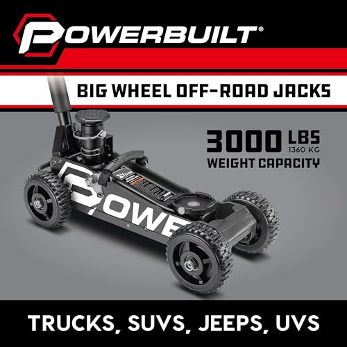 Image of Powerbuilt 1.5 Ton Big Wheel Off Road Jack, Vehicle Lift for Trucks, SUVs, ATVs Offroad Vehicles, Oversized Wheels for Rugged Terrain, 3000 LB Capacity, Grey 620627ECE