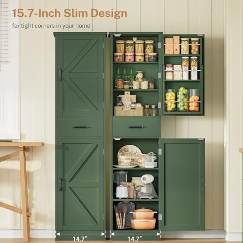 Image of TEENFON Kitchen Pantry Cabinet with 3 Door Shelves & 1 Drawer, Narrow Bathroom Cabinet with Adjustable Shelves, Tall Storage Cabinet for Living Room, Bathroom, Entryway, Green