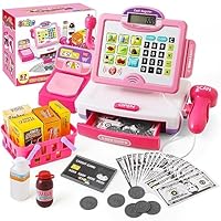 Play Calculator Cash Register Toy Gift for Kids Girls Age 3, 4, 5, 6, 7, 8+ Year Old, 57 Pcs Pink Pretend Grocery Store Playset, Incl Microphone, Credit Card, Scanner, Fake Food, Play Money for Kids