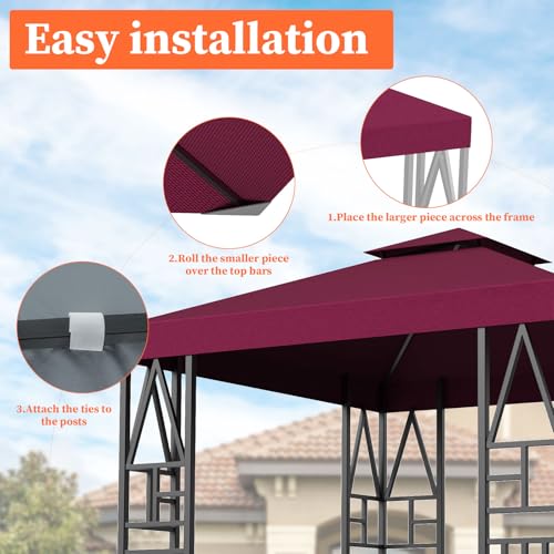 Gazebo Canopy Replacement 10x10ft Outdoor Shelter for Smaller Top Double Tiered Canopy Cover (WineRed)