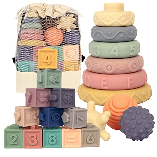 Image of 21PCS Montessori Toys for Babies,Teething Toys for Babies Months, 6 Months+, Early Educational Learning Stacking Tower, Sensory for Toddlers 1-3, Soft Rings Stacker & Teethers