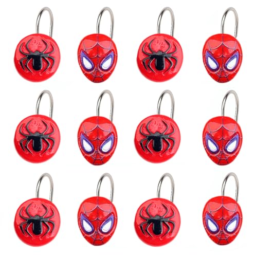 YOINIUEM 12-Pack Superhero Red Spiderman Resin Shower Curtain Hooks Decorative Rustproof Bathroom Curtain Rings Suitable for Kids Rooms and Fans Cartoon Superhero Bathroom Accessories Set