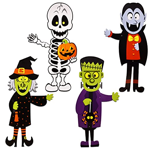 Gift Boutique 36" Halloween Decoration Hanging Wall Jointed Figures, Pack of 4 Signs Skeleton, Witch, Frankenstein, and Zombie Banners for Indoor and Outdoor Party Decor