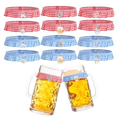BOFUNX 12 × Maßkrug Band Glasmarkierer Maßkrugmarkierer Rot Blau Band mit Charms Anhänger für Oktoberfest Wiesn Deko Bierkrug Deko