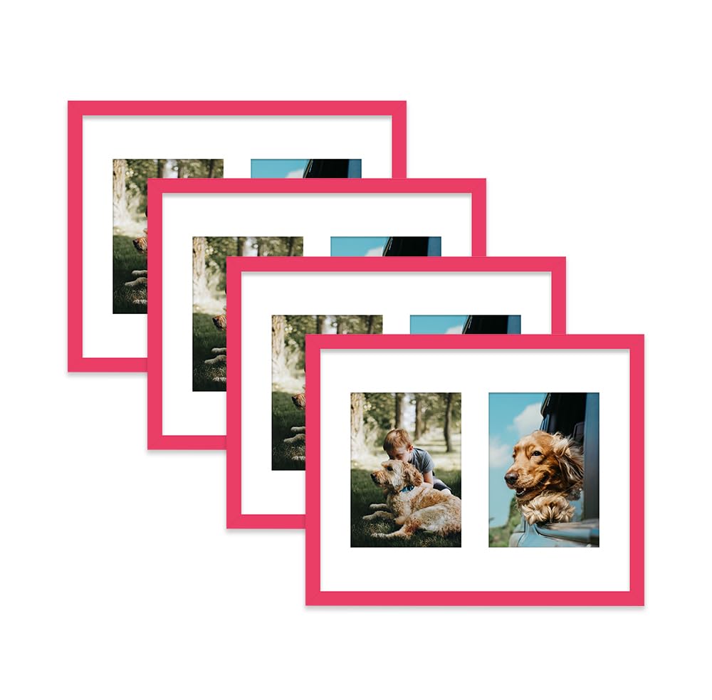 Bright Pink Multi Photo Frame - Holds 2 x 7x5 Pictures, Family Collage Picture Frame for Wall Display, 14x11 Frame size, Set of 4
