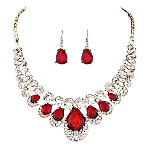 Taswuw Women's Wedding Bridal Crystal Teardrop Cluster Statement Necklace Dangle Earrings Jewelry Set (Red)