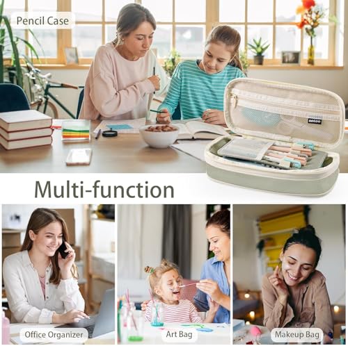 Image of EASTHILL Big Capacity Pencil Pen Case Office College School Large Storage High Capacity Bag Pouch Holder Box Organizer (Green, Polyester)