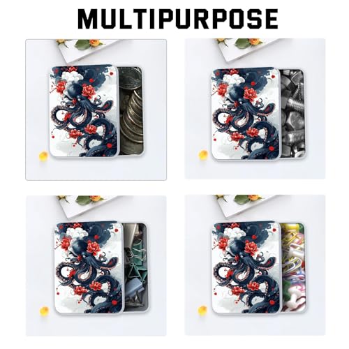 Image of Metal Tin Box with Lid,Multi-functional Storage Large Box Can Store Tea Biscuits Game Cards, Playing & Tarot Cards-Comes with 4 Magnetic Cord Clips,Octopus with Red Flowers