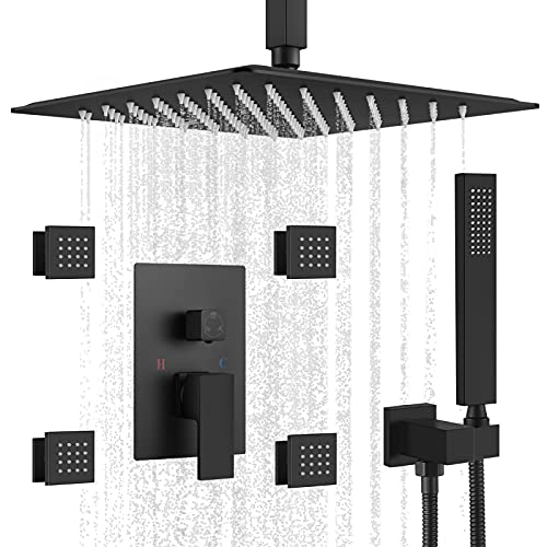 gotonovo Ceiling Mounted Rain Mixer Shower Faucet Set 12 inch Square Rainfall Shower Head with 4 Body Spray Jets and Brass Handshower Matte Black Pressure Balance Rough-in Valve and Trim Included