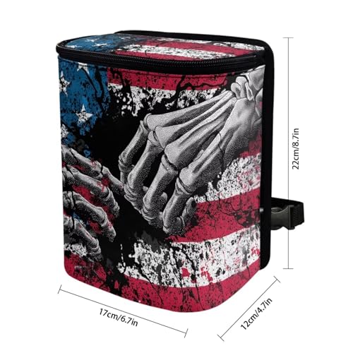 Image of Talayituse Finger Skeleton American Flag Print Car Trash Can Portable Auto Garbage Bin Multifunctional Vehicle Interior Accessories with Adjustable Straps 4th of July Universal Fit Truck SUV Sedan