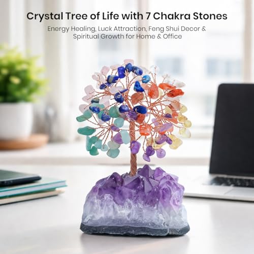 Image of Crocon 7 Chakra Crystals Tree of Life with Amethyst Cluster Base, Gift for Women Men Birthday Gifts MoM, Money Tree Feng Shui Good Luck Healing Crystals Home Decor Crystals and Healing Stones