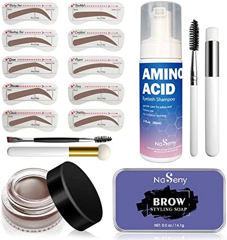 NaSeny Dark Brown Eyebrow Stamp Stencil Kit,Eyebrow Soap Eyebrow Pomade Setting Gel with Amino Acid Brow Shampoo Cleanser