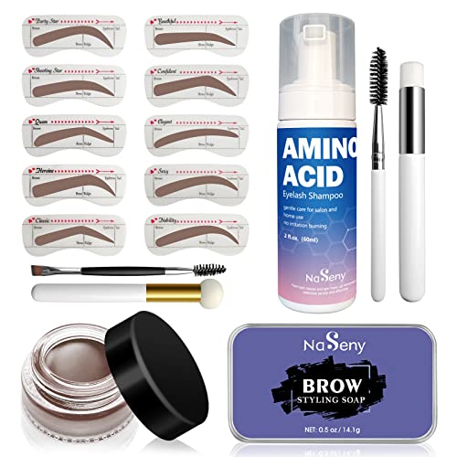Naseny Dark Brown Eyebrow Stamp Stencil Kit,Eyebrow Soap Eyebrow Pomade Setting Gel With Amino Acid Brow Shampoo Cleanser #TOP3