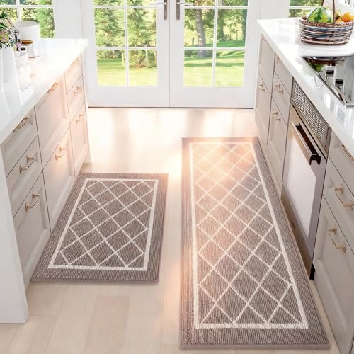 BEQHAUSE-Kitchen-Rugs-Non-Slip-Kitchen-Mats-for-Floor Machine Washable Kitchen Rugs 2 Pieces Brown Kitchen Runner Carpet with TPR Backing, Rolled Packaging, 50X76cm+50X122cm