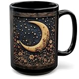 Enchanting Crescent Moon & Wildflowers Ceramic Mug - Dark Cottagecore Floral Design with Celestial Moon & Stars, Perfect Gothic Gift & Dark Academia Bedroom Decor
