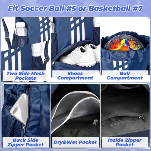 Image of Soccer Bag, Youth Soccer Basketball Bag with Compartments Drawstring Backpack for Football Volleyball Gym Training (Blue)