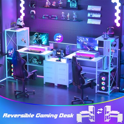 Small-Gaming-Desk-with-2-Fabric-Drawers-Reversible-Computer-Desk-with-Power-Outlet-LED-Lights-49-Office-Desk-with-Monitor-Stand-Storage-Shelves-Writing-Study-Table-with-Pegboard-White
