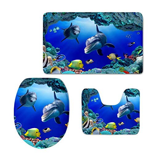 FOR U DESIGNS 3-teiliges Badteppich-Set mit Ozean-Dolfin-Motiv, rutschfest, WC-Vorleger, Konturmatte, Deckelbezug, Blau