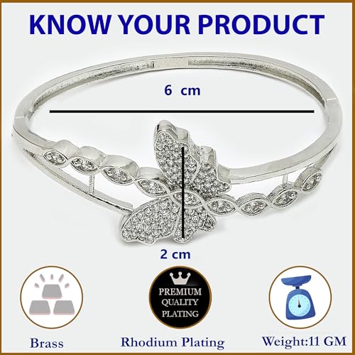 Image of ZENEME Rhodium Plated Silver Toned American Diamond Studded Grace Line Kada Bracelet For Women