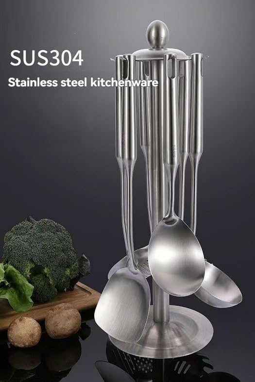 Juego de 7 utensilios de cocina de acero inoxidable 304, incluye una espátula, cuchara de sopa, espátula para freír, colador, cuchara de arroz y cuchara de pasta, accesorios de comedor para el hogar