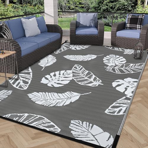 Image of Outdoor Reversible Rugs, Plastic Straw Area Mats, Modern Large Floor Rugs for RV, Patio, Backyard, Deck, Picnic, Beach, Trailer, Camping (Light Gray, 5'x8')