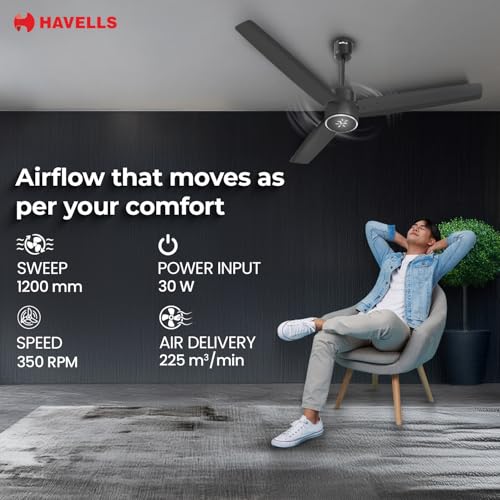 Image of Havells EPIC SIGNIA BLDC Ceiling Fan 1200mm, 5 star, LED Speed Indicator, 380 RPM, Up to 65% Savings, Reverse Rotation,4 Speed Modes, Low Wattage 30W, Low Noise, Air Flow:225 CMM, Black