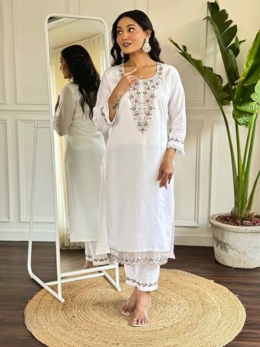 Image of Shiv Textiles Women's Chanderi Silk Embroidered Kurta Pant Dupatta Set(JDA-FALGUNI-WHITE-2XL)