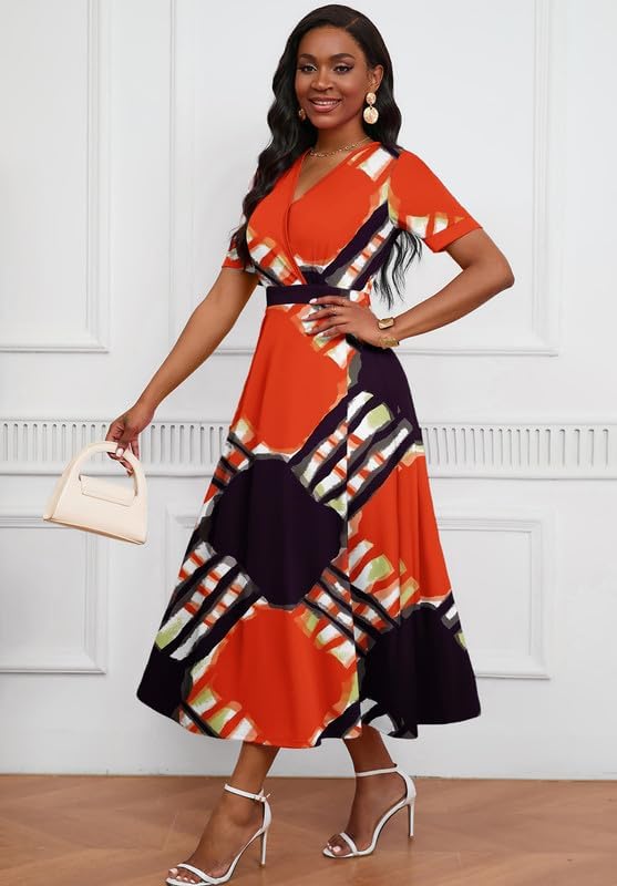 Image of MarryUP Women's Midi Dresses - V Neck Cocktail & Church Tea Dresses - Short Sleeve A-Line Swing Dress