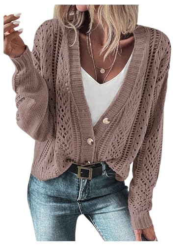 SHENHE Women's Crochet Cardigan Hollow Out Open Knit Button Down V Neck Sweater Knitwear