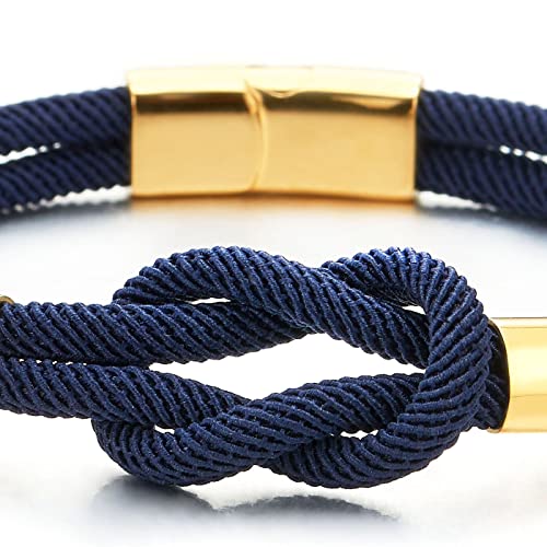 COOLSTEELANDBEYOND Mens Women Friendship Nautical Knot Dark Blue Cotton Straps Double-Lap Wristband Gold Color Bracelet2