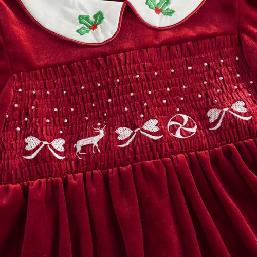 Toddler Kids Baby Girl Christmas Dress Long Sleeve Smocked Deer Embroidered Velvet Dresses Winter Clothes 1-7Y3