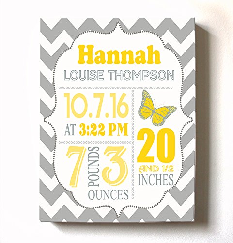 Personalized Stretched Canvas Birth Announcement Gift, Custom Baby Name, Date, Weight Stats, Newborn Butterfly Nursery Wall Art Decor, Wooden Frame Construction, Ready to Hang 20X24